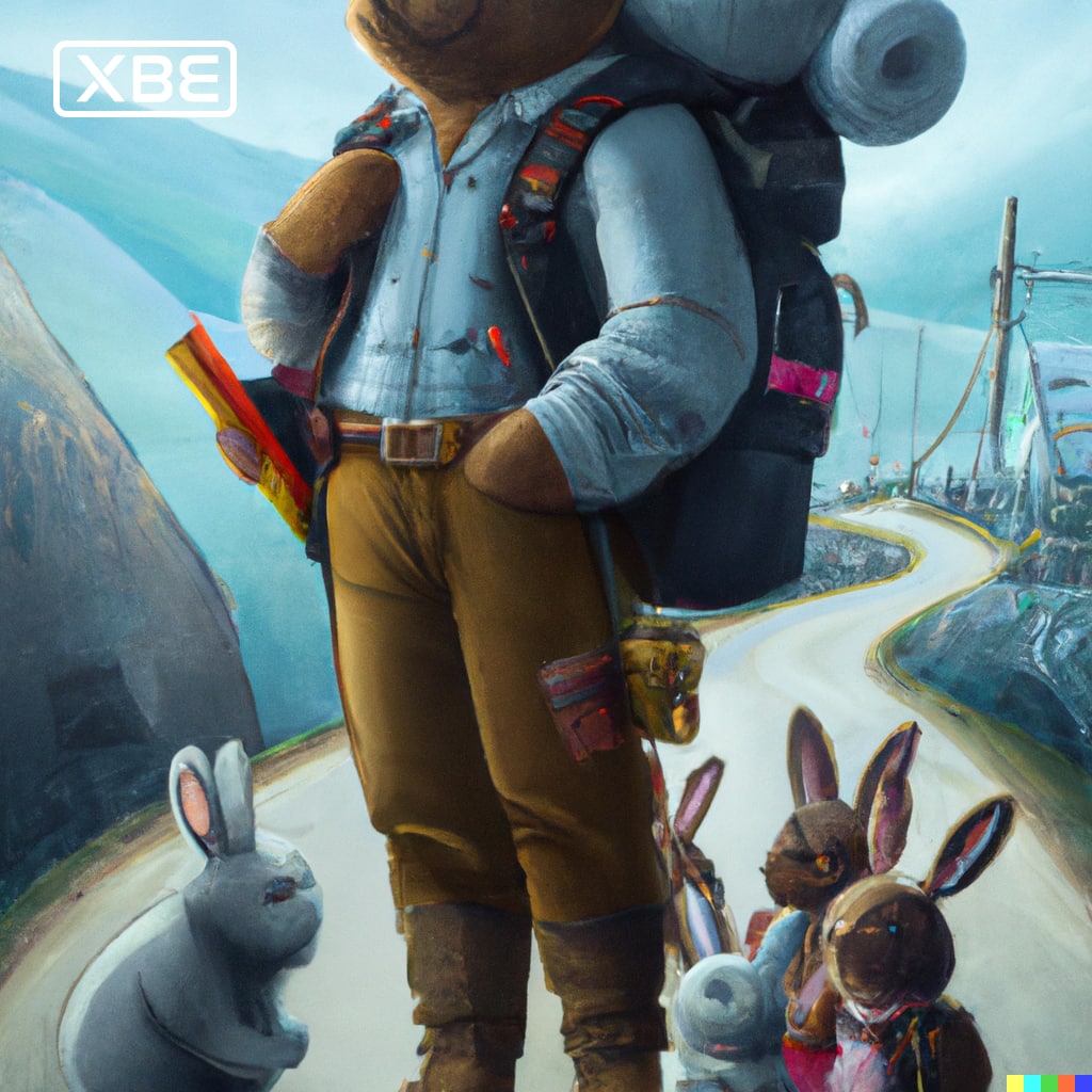 A large teddy bear carrying a backpack walking with a group of small bunnies down a paved country road.