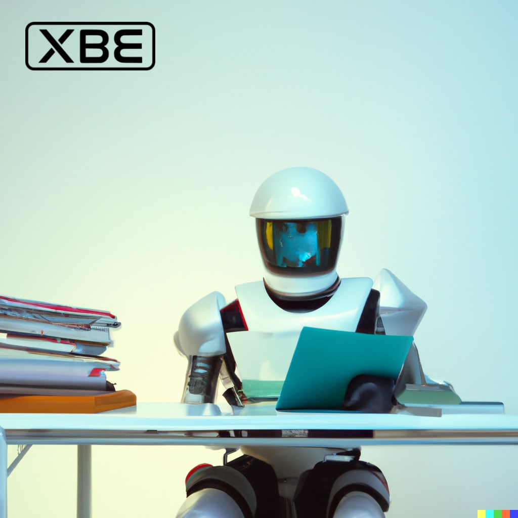 Cyborg sitting at a desk reading a stack of papers, XBE branded